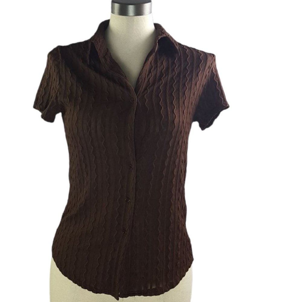 E.K Designs Ribbed Brocade stretchy buttons down shirt blouse dark chocolate